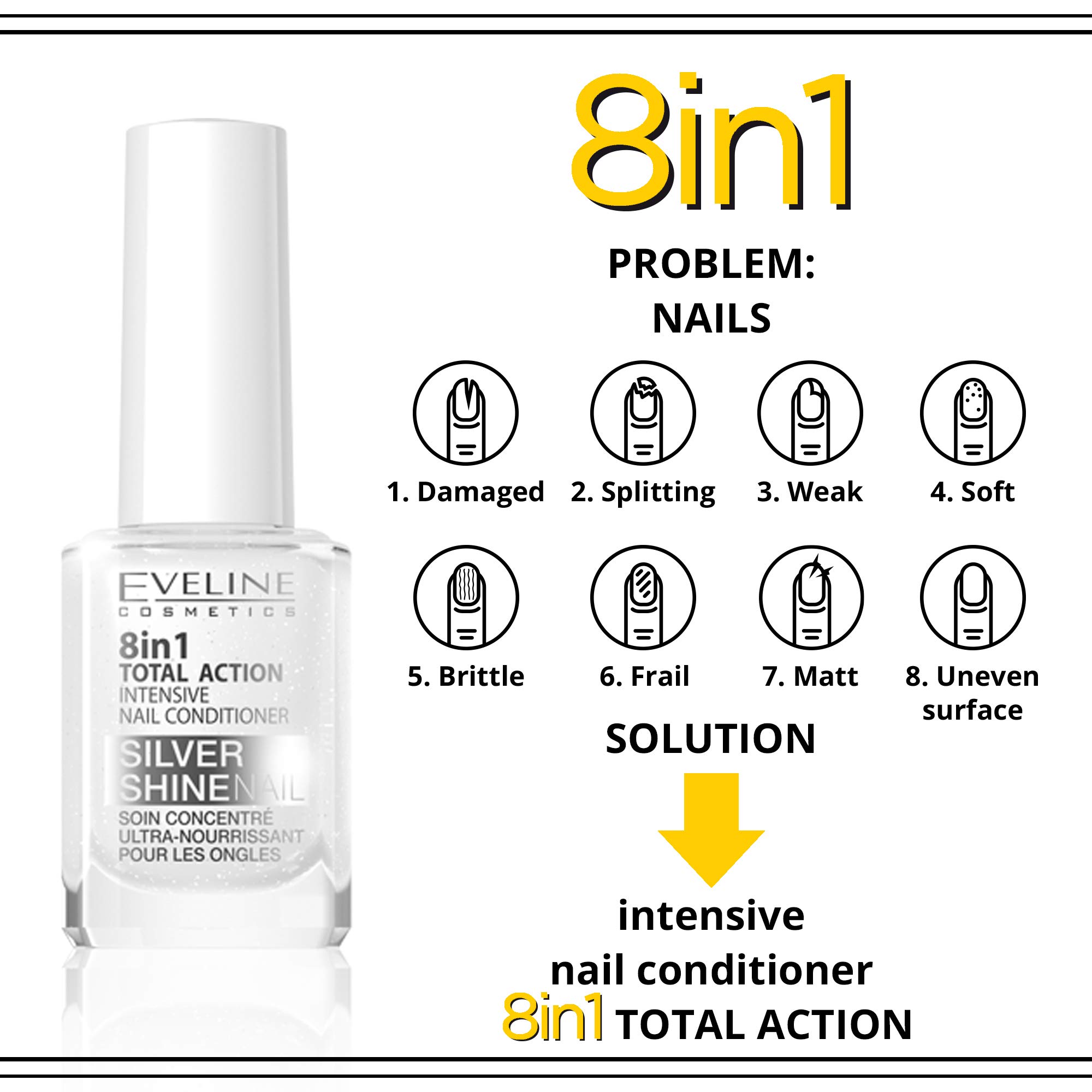 Eveline Cosmetics 8W1 Silver Nail Balm - 12ml Moisturizing & Strengthening Treatment for Dry, Brittle Nails - Perfect for Home Manicures & Nail Care Routine