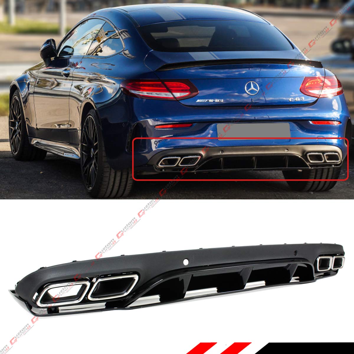 C63 Edition 1 Style Rear Bumper Diffuser with Chrome Exhaust Tips for 2017-2019 Mercedes Benz W205 2-Door Coupe AMG - Perfect for Car Enthusiasts & Performance Upgrades