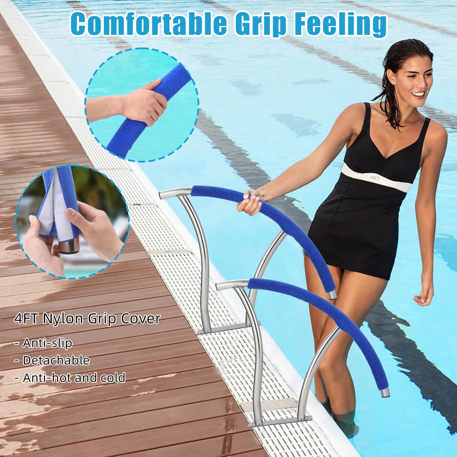 GARVEE 2-Pack 30x30 Inch Stainless Steel Pool Handrails for Inground Pools - Heavy Duty 304 Rustproof Design with Blue Non-Slip Grip Covers & Installation Accessories | Perfect for Pool Safety, Elderly Assistance, and ADA Compliance