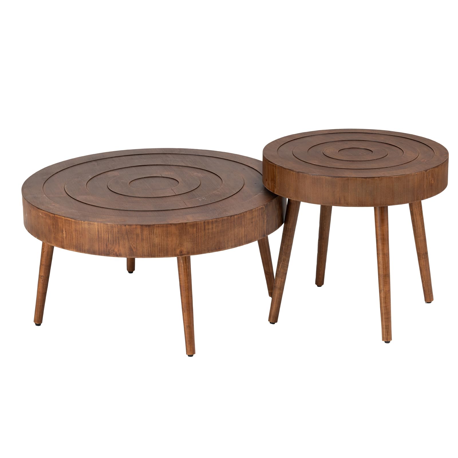 HOMPUS 2-Piece Round Nesting Coffee Table Set with Wood Grain Finish & Handcrafted Ring Pattern - Modern Accent Tables for Living Room, Perfect for Small Spaces & Coffee Lovers