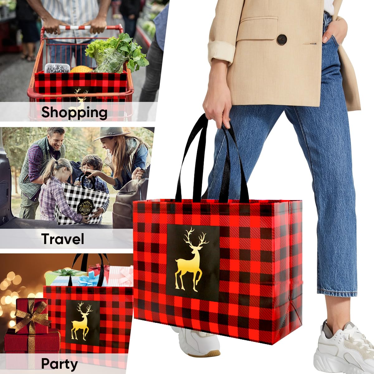 16PCS Extra Large Reusable Christmas Tote Bags with Handles - Eco-Friendly Holiday Gift Bags for Christmas Shopping, Party Decorations & Grocery Storage - Perfect for Xmas Gifts, Holiday Parties & Home Organization