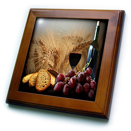 3D Rose Wine Bread Grapes Framed Tile - 8x8 Inch Kitchen Wall Art Decor for Dining Room, Bar, or Wine Cellar