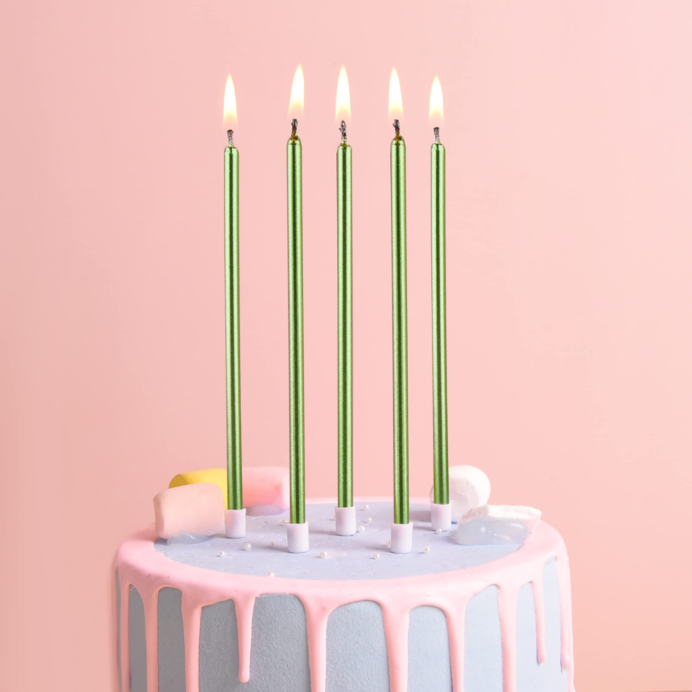 PHD CAKE Green Long Thin Metallic Birthday Candles - 12 Pack Elegant Cake Candles for Birthday Parties, Wedding Decorations & Special Events - Perfect for Cakes, Cupcakes and Dessert Tables