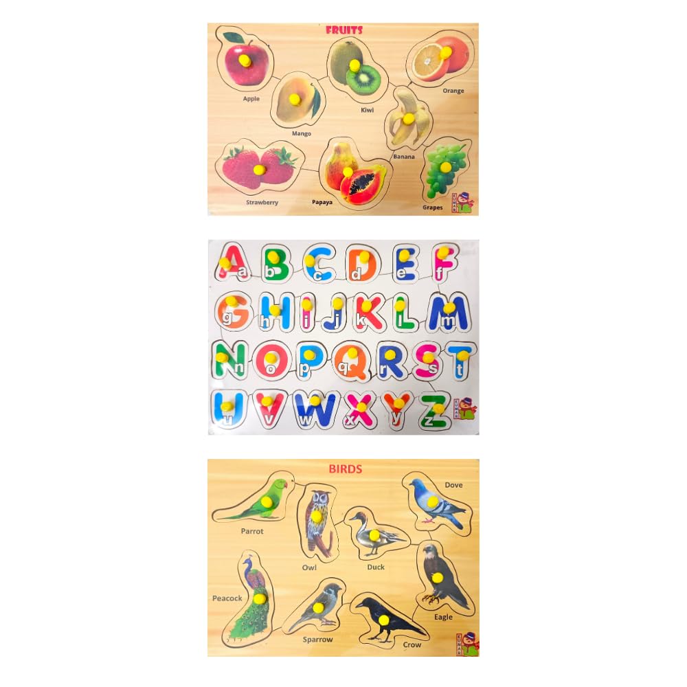 Educational Wooden Learning Boards & Puzzles for Kids 3+ Years - Alphabet, Numbers, Fruits, Animals, Birds & Vegetables - Montessori Toys for Toddlers & Jigsaw Puzzles for Adults - Perfect for Homeschooling, Classroom & Family Game Night
