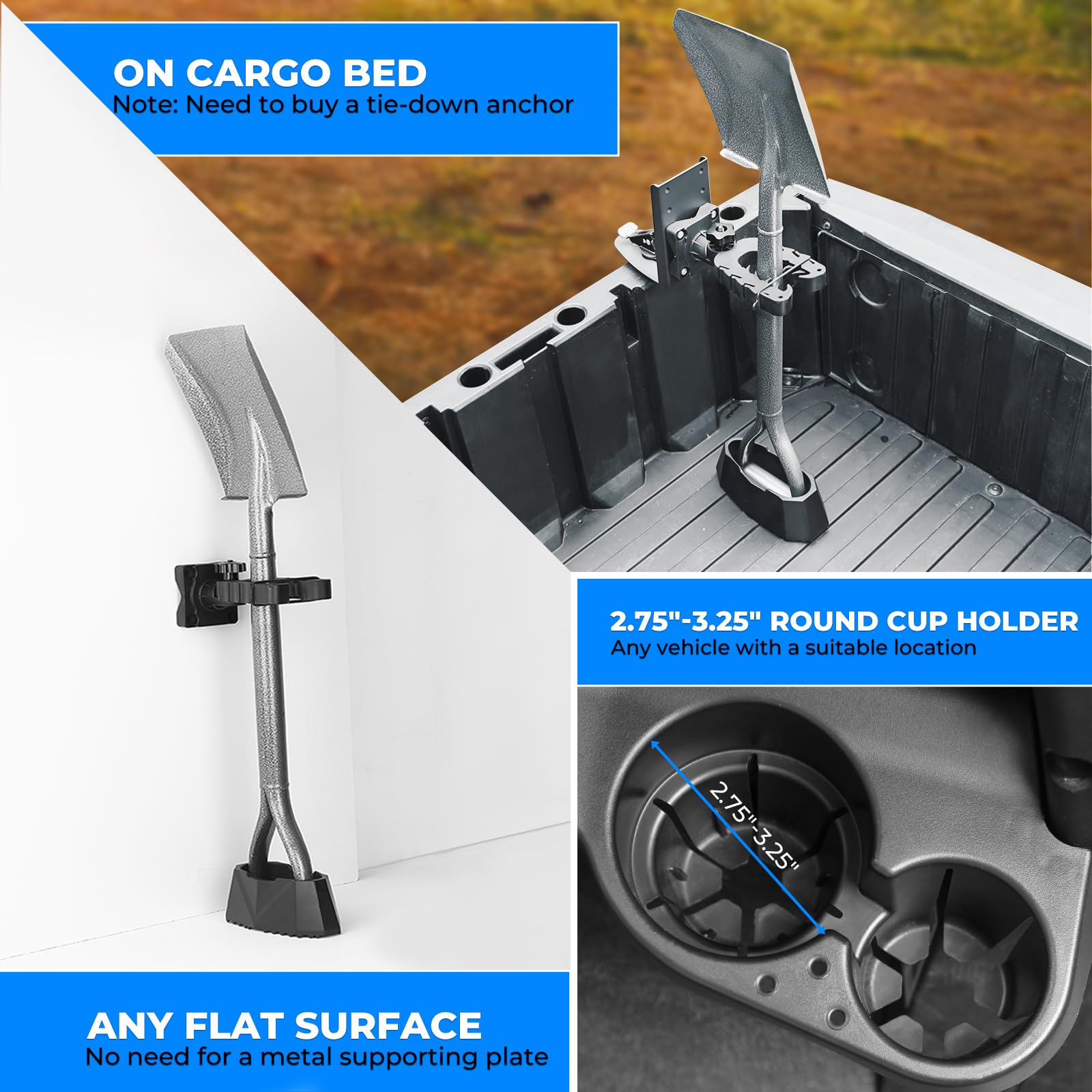 KEMIMOTO UTV Hunting Tool Holder Rack - Compatible with Polaris Ranger & General, Dash Cup Holder or Cargo Bed Mount - Shovel & Bow Storage for Off-Road Adventures, Hunting & Outdoor Work