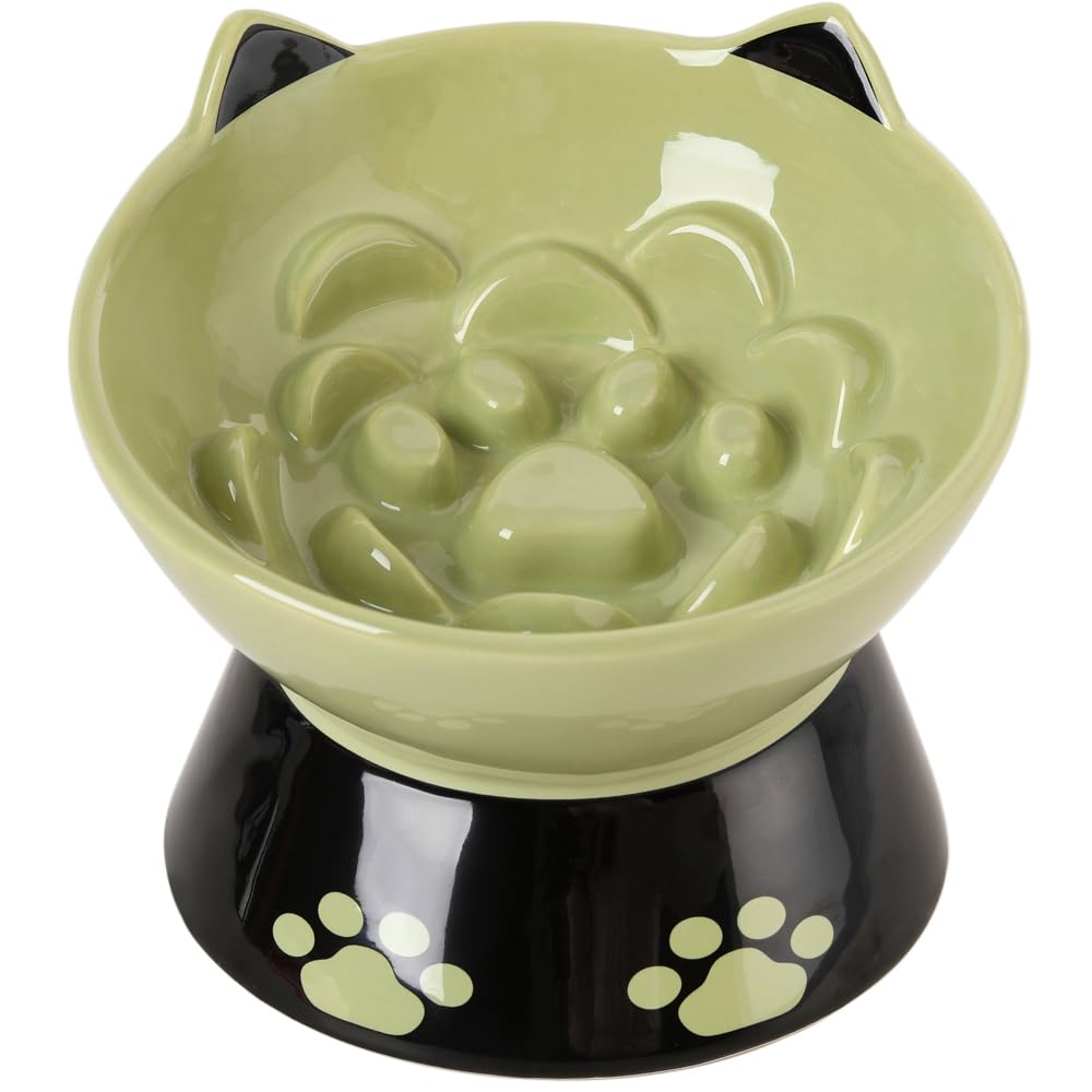 Happy Kit Slow Feeder Dog Bowl - 6 Inch Non-Slip Silicone Base Cat Food Dish with Elevated Design for Better Digestion - Anti-Vomiting Ceramic Pet Bowl for Dry & Wet Food (Green) - Perfect for Fast Eaters & Mealtime Enrichment