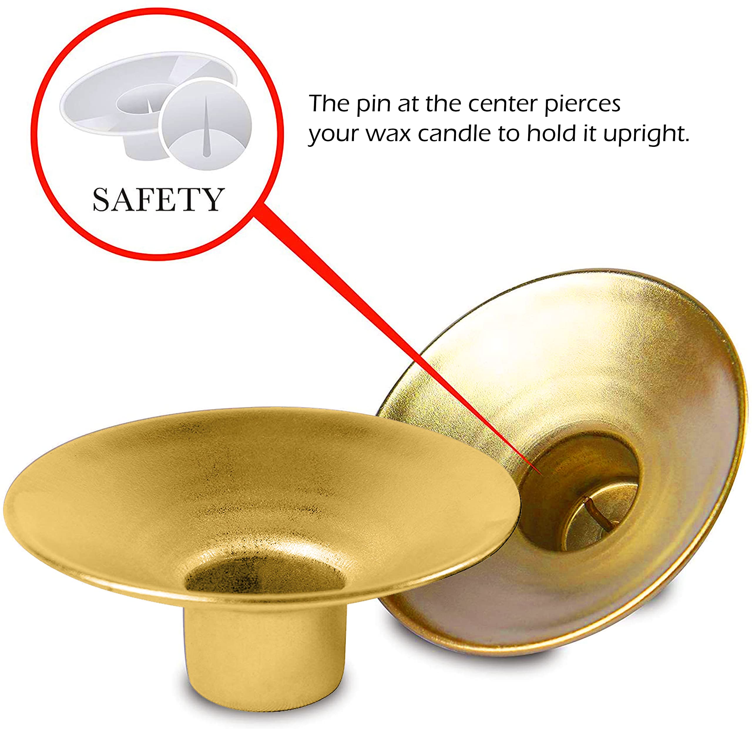 Reusable Metal Candlestick Liners & Drip Guards - Safety Pin Secures Candles - Nickel Plated Bobeches Protectors (Gold, 2 Pack) for Shabbat, Hanukkah & Jewish Holidays - Perfect for Menorah & Candle Holders