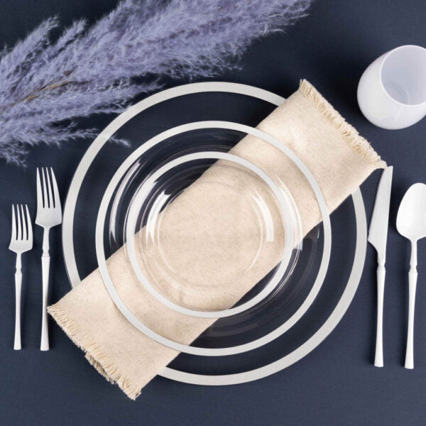 32-Piece Clear & White Rim Plastic Dinnerware Set for 16 Guests - Shatterproof Disposable Plates, Bowls, Cups & Cutlery - Perfect for Outdoor Picnics, BBQs, Parties & Camping