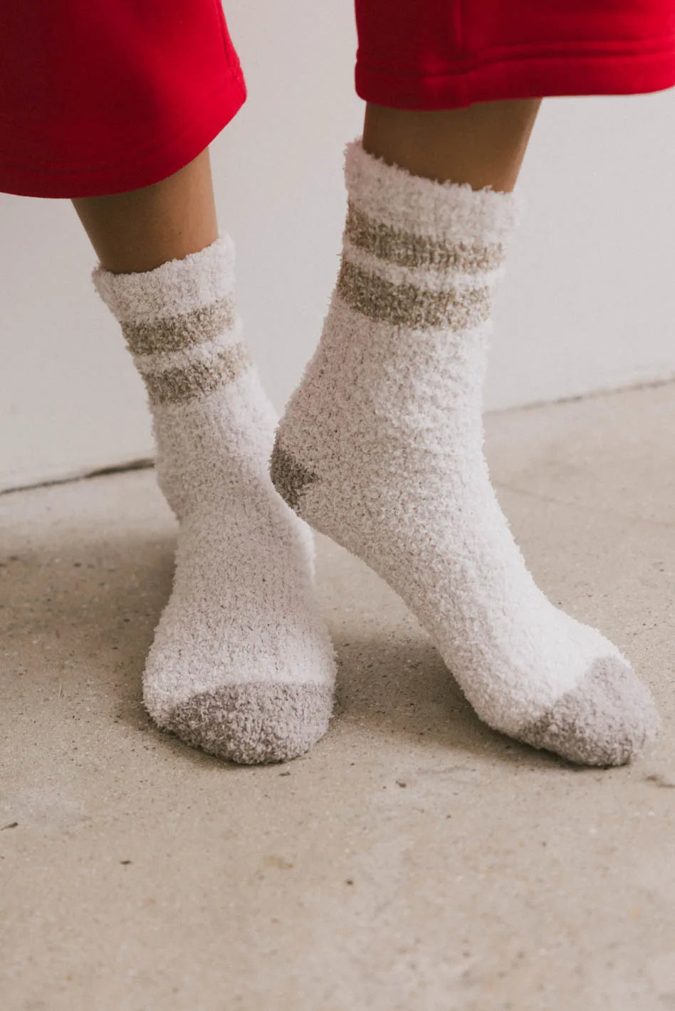 Cozy Fuzzy Striped Socks for Women - Soft Ivory Winter Socks with Non-Slip Grip - Perfect for Home, Office & Cold Weather Comfort