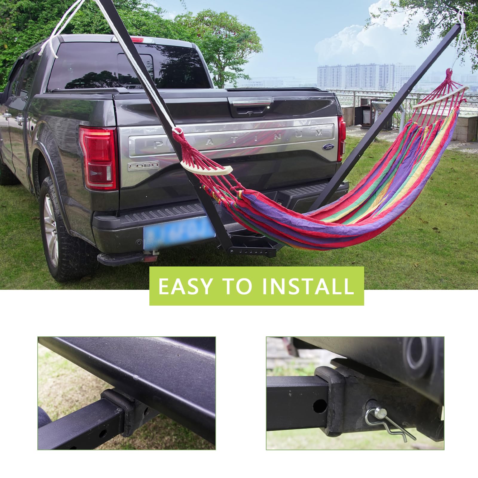 Portable Hammock Hitch Stand Mount - One Piece Design with Parachute Bed for Jeep & Pickup Trucks | Easy Installation | Perfect for Camping, Tailgating & Outdoor Adventures