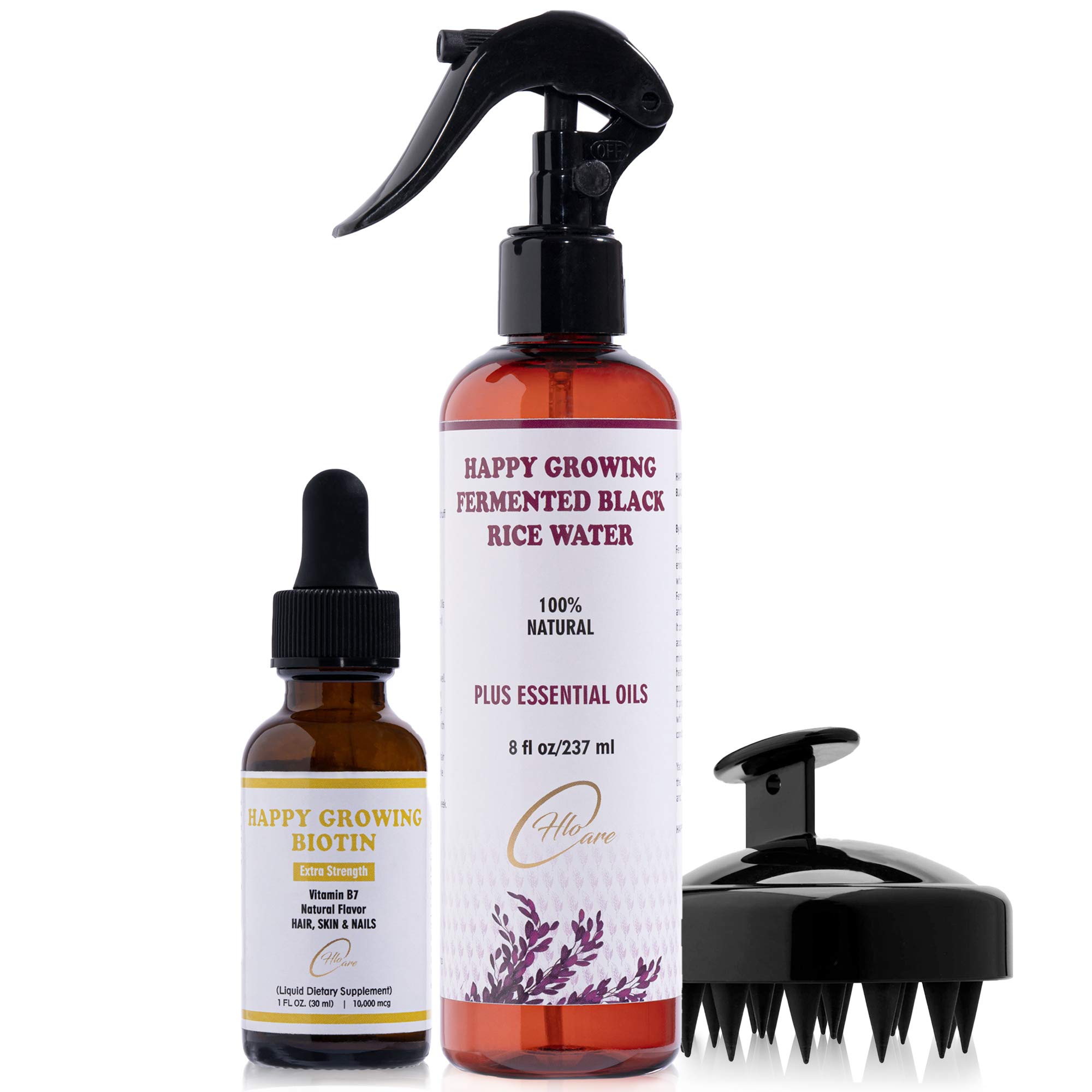 Fermented Black Rice Water Hair Conditioner with Biotin & Essential Oils - Hair Growth Treatment Kit with Scalp Massager - For Thicker, Longer & Healthier Hair - Perfect for Dry, Damaged Hair & Scalp Care at Home