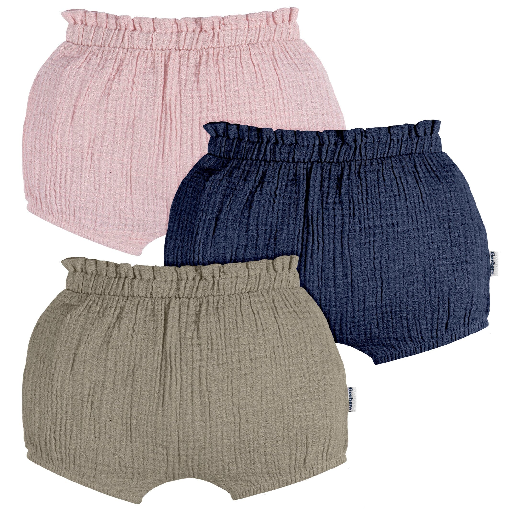 3 Pack Baby Girls' Pink, Navy & Olive Gauze Bubble Shorts - Soft & Breathable for Summer Play, Outfits & Photo Shoots