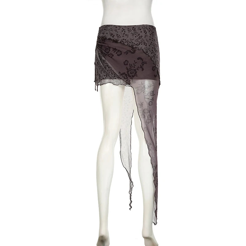 Vintage Asymmetrical Ruched Bodycon Mesh Skirt for Women - Sexy Printed Mini Skirt with Fringe & Drawstring - Perfect for Night Out, Party, Club Wear and Date Night Outfits