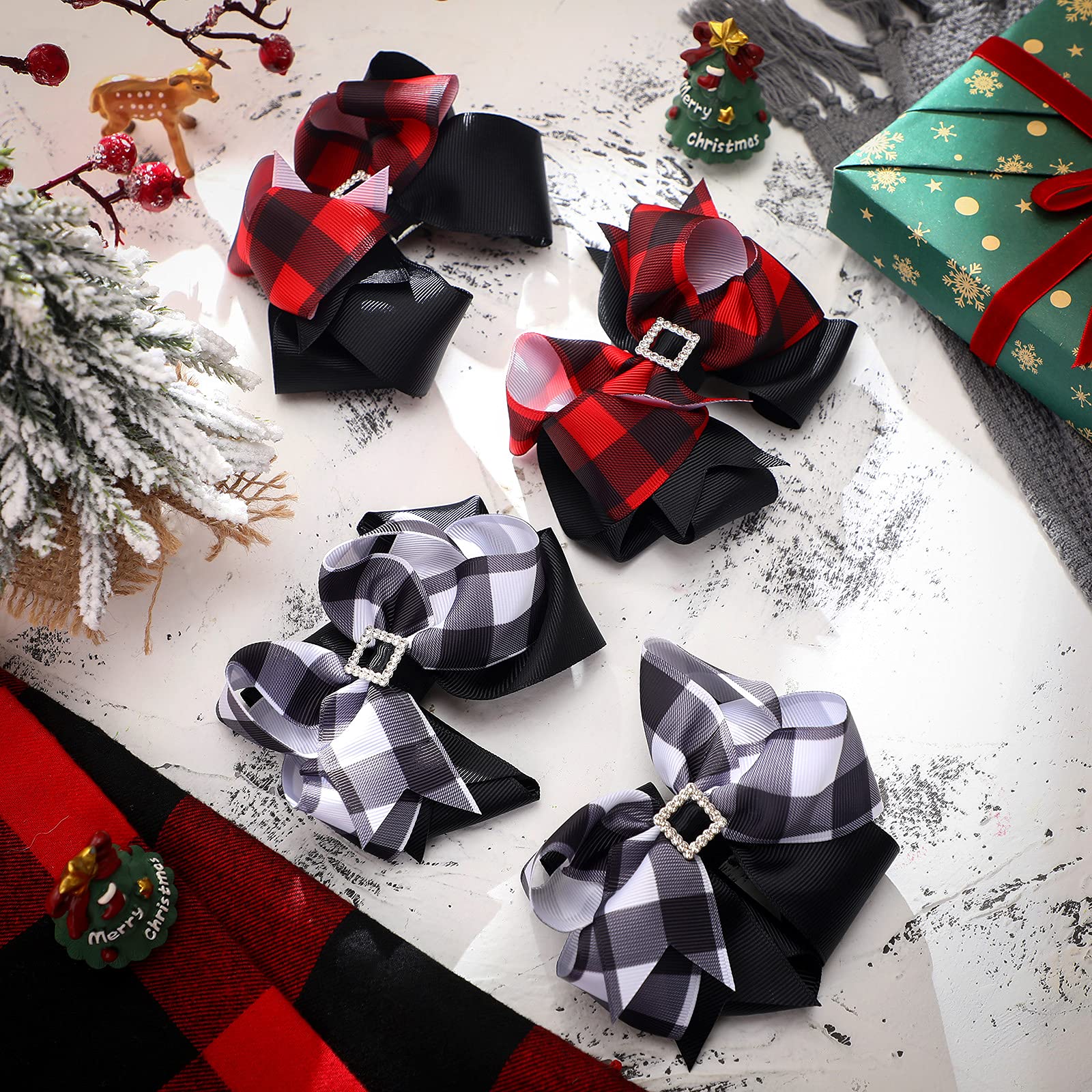 4Pcs Christmas Plaid Hair Clips - Red & Black Buffalo Check Bow Hairpins for Women & Girls | Hair Accessories for Holiday Parties, Gifts & Festive Styling