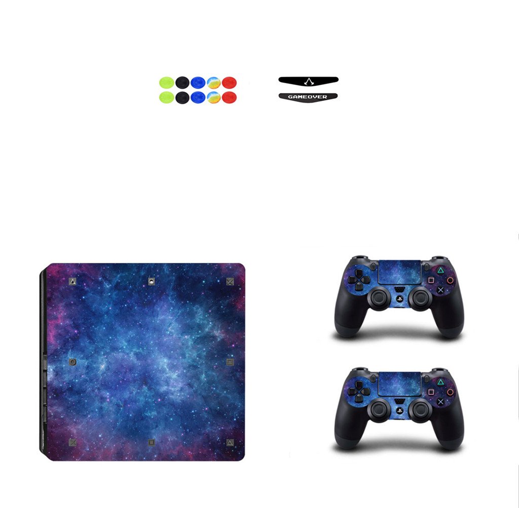 PS4 Slim Skin Cover - Chickw1 Vinyl Protective Decal Sticker for Playstation 4 Slim Console + 2 Dualshock Controllers + 10 Thumb Grips + 2 Random Light Bars (Blue Stars) - Perfect for Gaming Protection & Customization