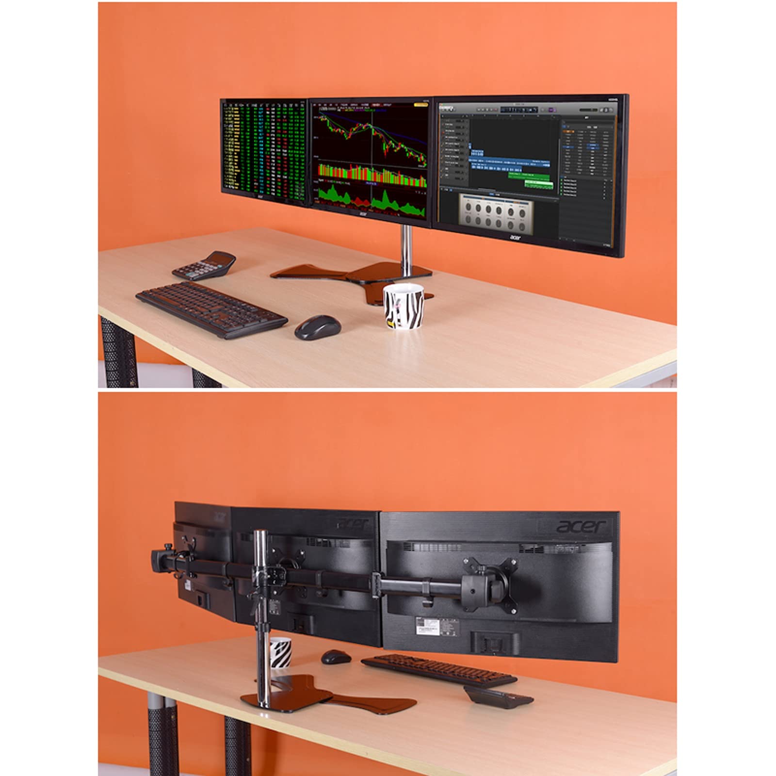 Triple Monitor Stand for 17-27 Inch Screens - Adjustable Height, Tilt & Rotation - Heavy Duty Desk Mount Holds 17.6 lbs per Arm - Perfect for Home Office, Gaming & Workstation Setup (Size A)