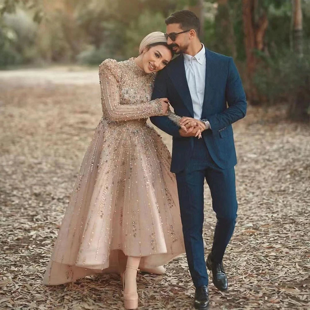 Serene Hill Muslim A-Line Luxury Pearl Beaded Nude Midi Ankle-Length Evening Dress Gown for Women - Formal Wedding Party LA72176 | Elegant Occasions, Bridal Events & Special Celebrations