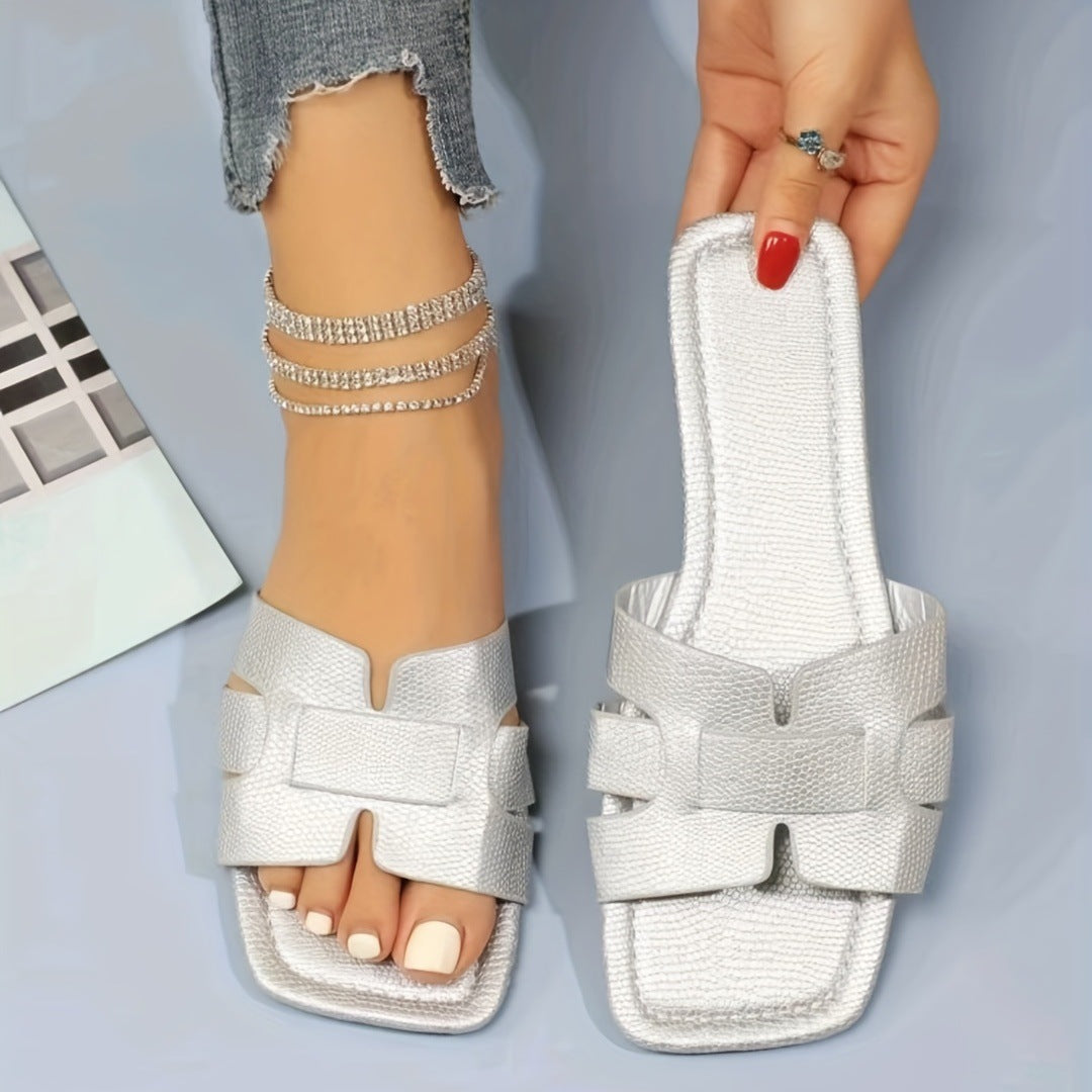 Square Toe Flat Sandals for Women - Breathable Hollow Out Summer Slides & Comfortable Slippers - Perfect for Beach, Poolside, and Casual Outings