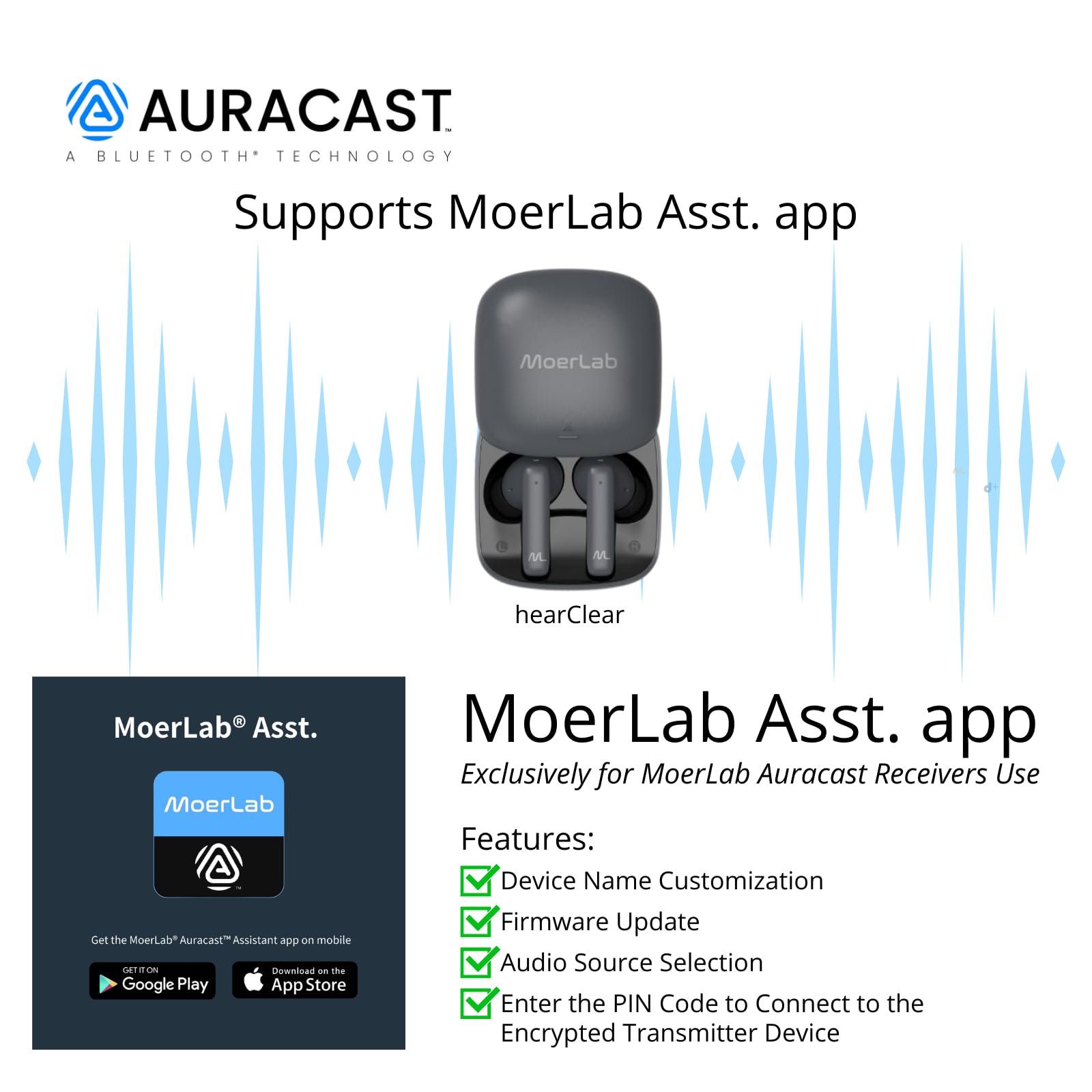 hearClear Bluetooth Auracast Wireless Earbuds - Seamless Switching Between Classic Bluetooth & Auracast for Easy Audio Sharing | Auracast Assistant App Enabled | Perfect for Gym, Travel & Multi-Device Listening