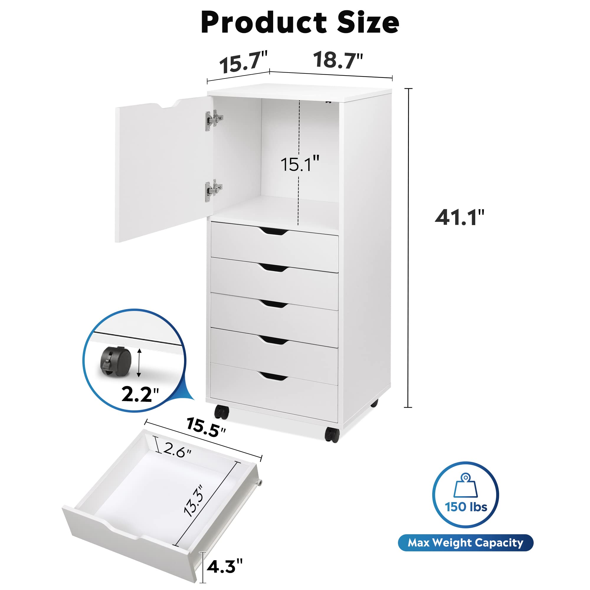 DEVAISE 5-Drawer Wood Dresser with Top Cabinet Storage - Mobile Chest of Drawers with Wide Storage Space for Bedroom, Living Room & Home Office - White Organizer Furniture for Clothes, Books & Office Supplies