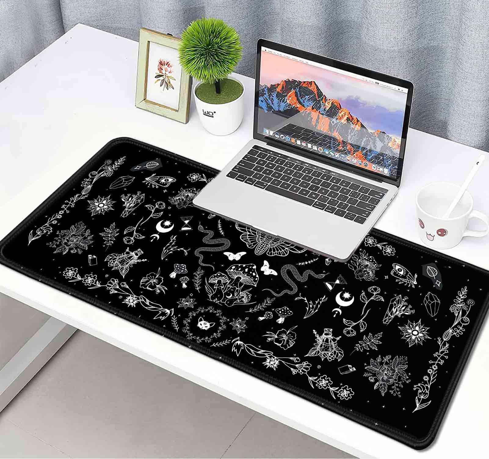 Gothic Large Mouse Pad - Black Occult XXL Desk Mat with Celestial Mushroom Design for Gaming & Office Use | Halloween Witchy Decor | Perfect Gift for Gamers & Office Workers