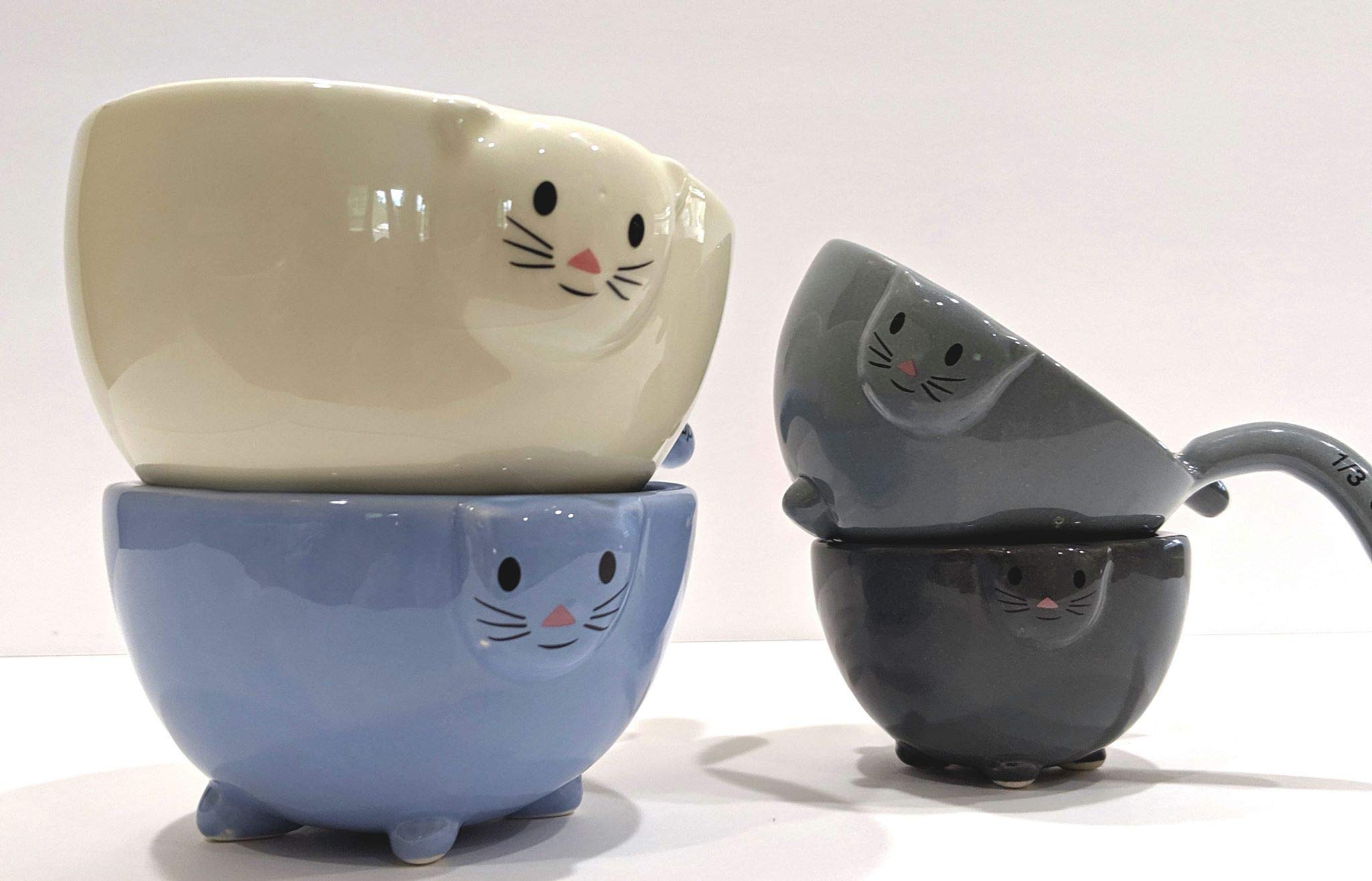 Ceramic Cat Measuring Cups Set - Cute Baking Bowls for Dry & Liquid Ingredients - Perfect for Baking, Cooking & Kitchen Decor