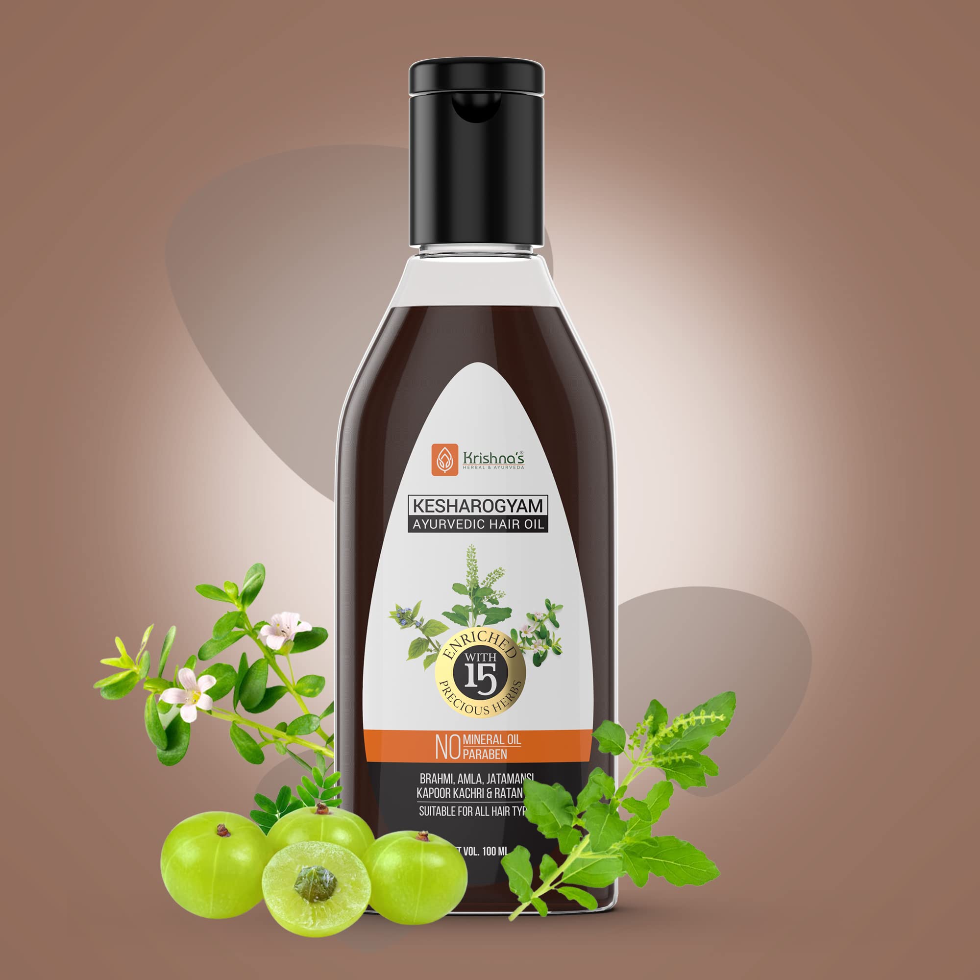 Krishna's Kesharogyam Ayurvedic Hair Oil - 100ml Natural Hair Growth Treatment with 15 Herbs (Amla, Jatamasi) | Paraben-Free for Strong, Healthy Hair | Perfect for Daily Scalp Massage & Hair Care Routine