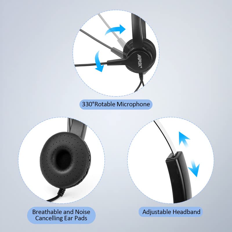AGPTEK Noise Cancelling Binaural Headset with Mic - Hands-Free Call Center Headphones for Desk Phone, 4-Pin RJ9 Connector - Ideal for Telephone Counseling, Insurance Services & Hospital Use