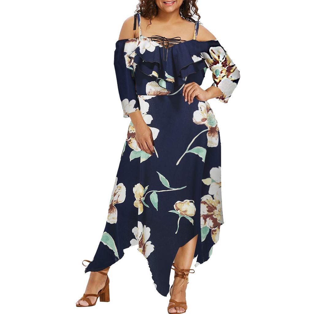 Floral Print Maxi Dress for Women - Off Shoulder Plus Size Lace Up Flowing Summer Dress | Beach Wedding, Vacation & Party Wear