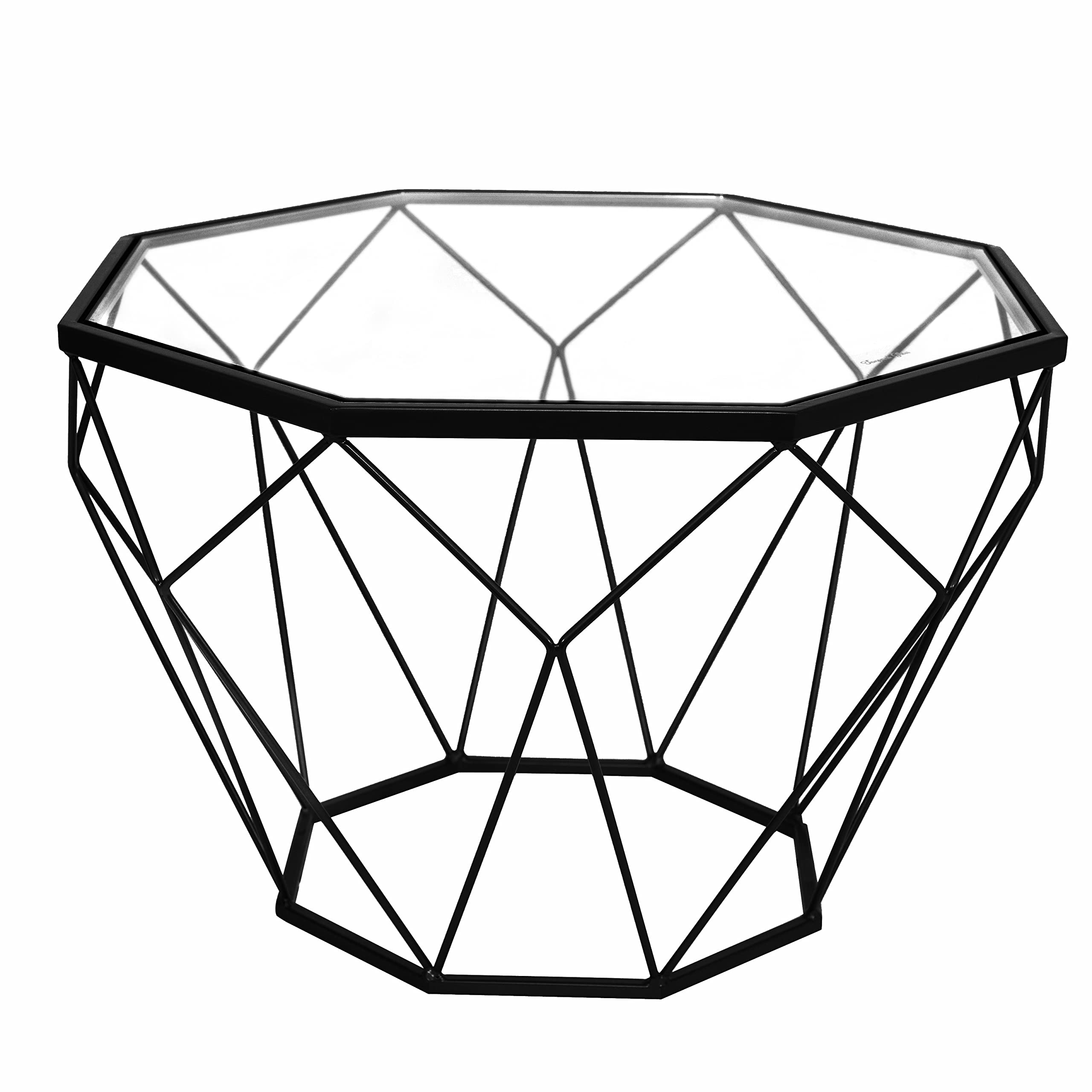 LeisureMod Malibu Modern Octagon Glass Top Coffee Table with Geometric Metal Base - Black - Perfect for Living Room, Lounge, and Office Decor