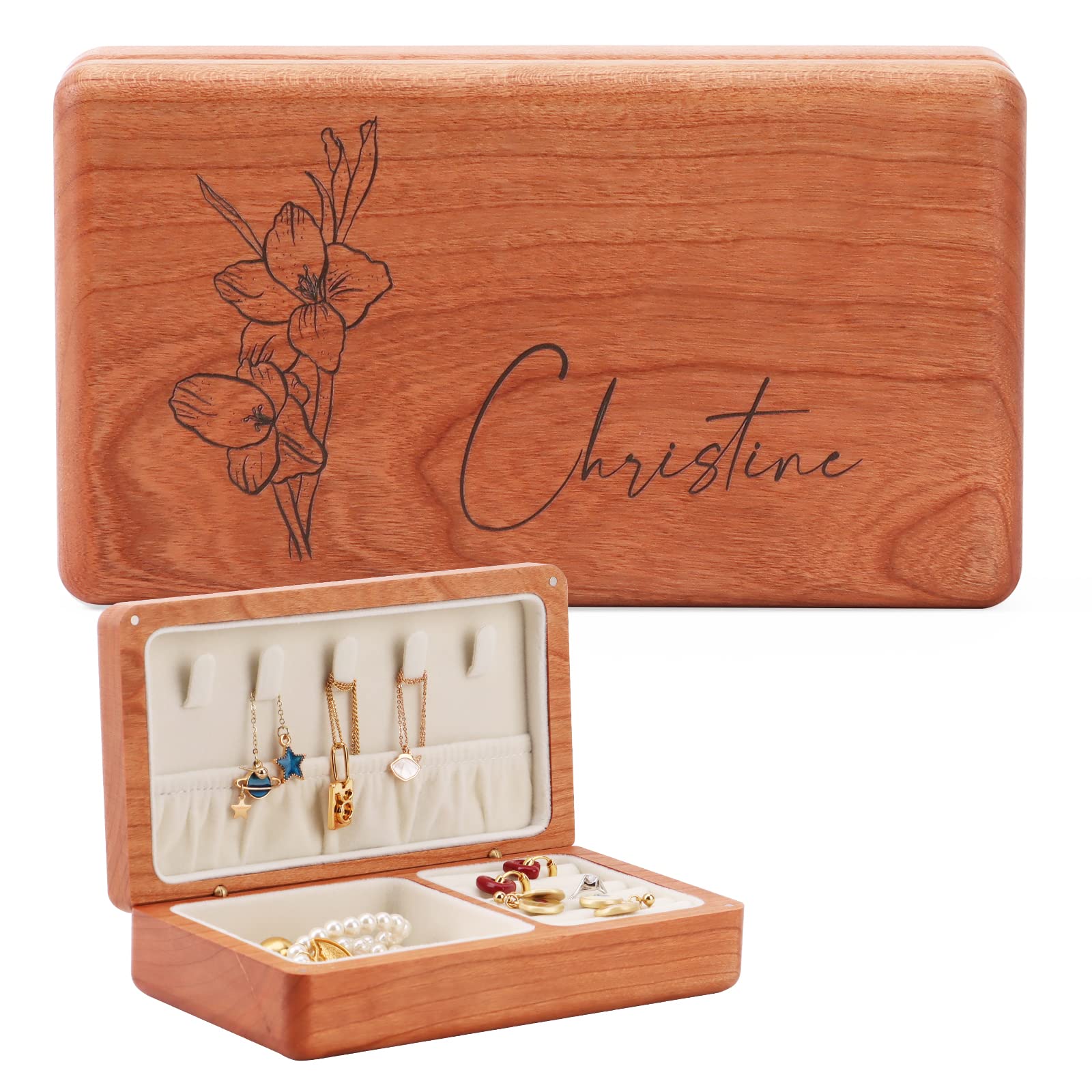 Personalized Wooden Jewelry Box with Birth Flower & Name - Custom Cherry Wood Jewelry Organizer for Women | Birthday Gifts, Mother's Day, Bridesmaid Wedding Gift | Perfect for Jewelry Storage, Home Decor & Special Occasion Gifting