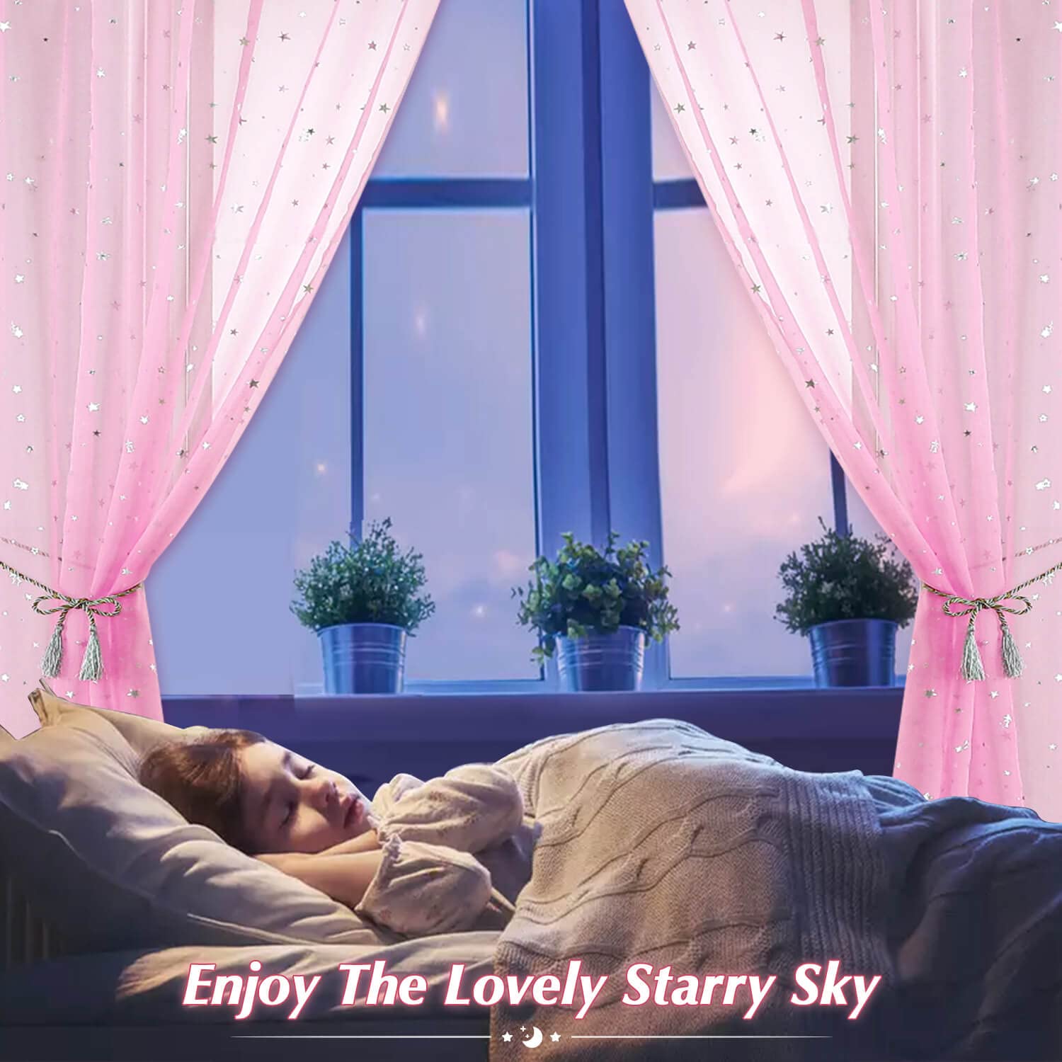 Pink Semi Sheer Curtains for Girls Room - 63 Inch Long Voile Window Drapes with Silver Star Moon Pattern, 2 Pack Nursery Bedroom Decor for Kids Baby Bed Canopy | Perfect for Nursery, Bedroom, Playroom & Sleepover Decorations