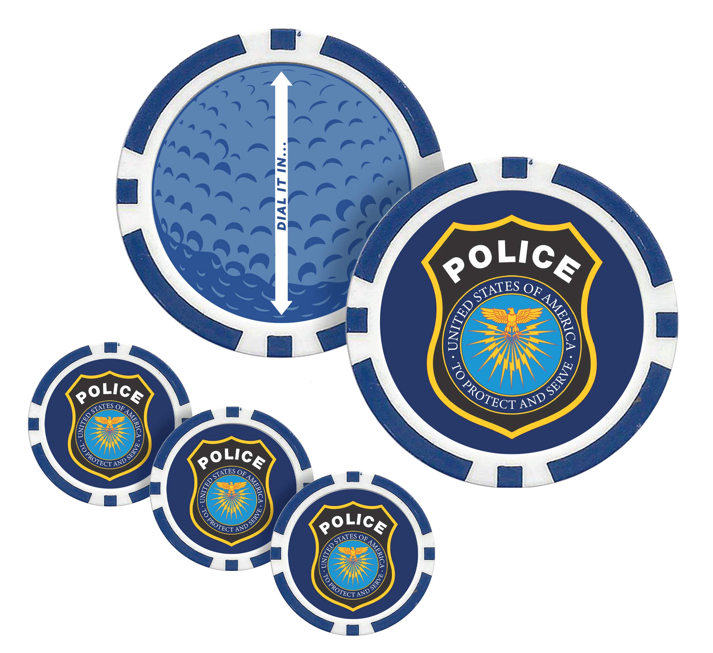 Police Golf Ball Markers Set of 4 - Police Theme Golf Poker Chips with Speed Dial - Perfect for Golf Tournaments, Police Appreciation Events & Gift Giving