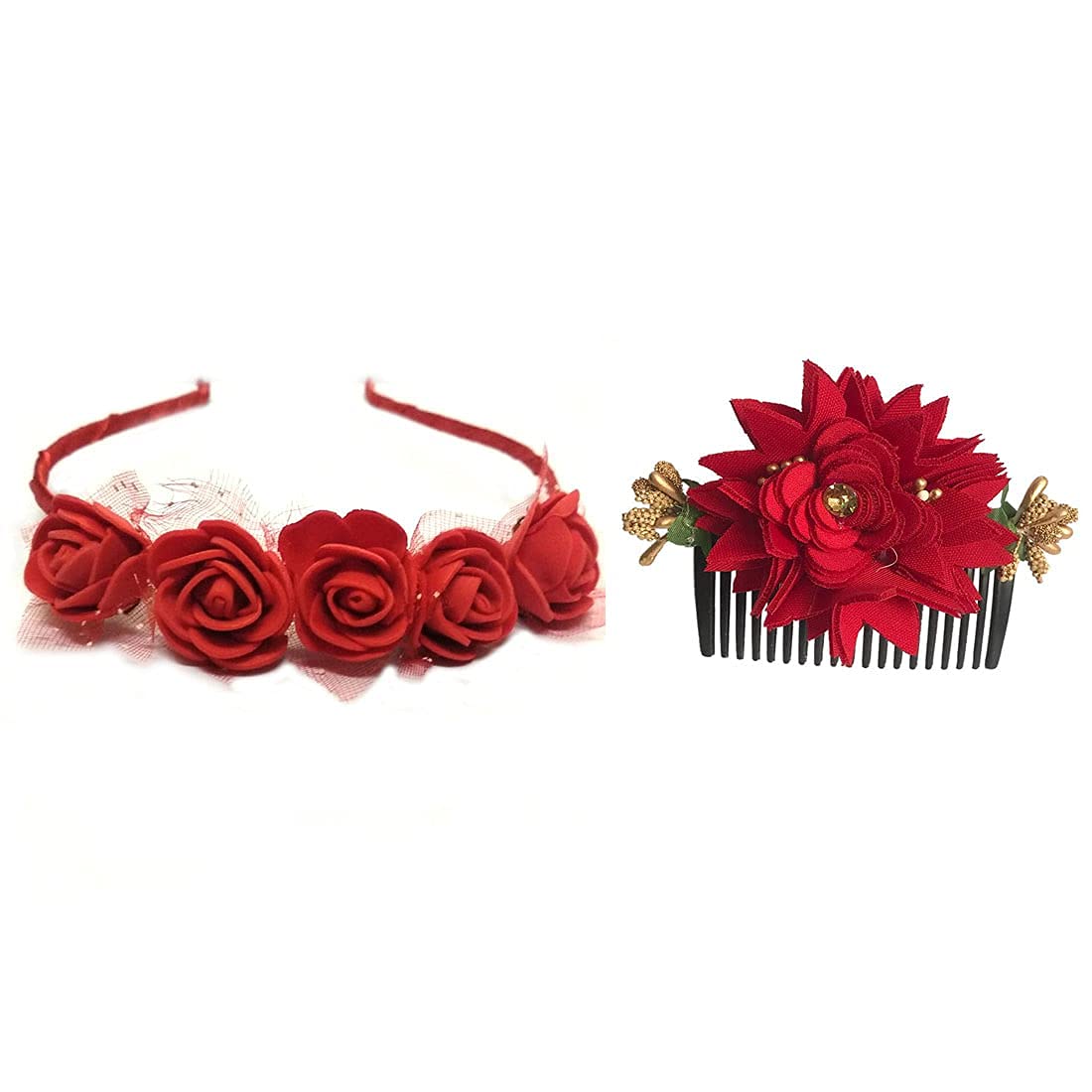 GuruEmbellish Fancy Hair Comb Gajra - 2 Pack Artificial Rose Flower Hairband for Women | Bridal Hair Accessories, Wedding Hairstyle Decor, Indian Traditional Hair Jewelry (Red)