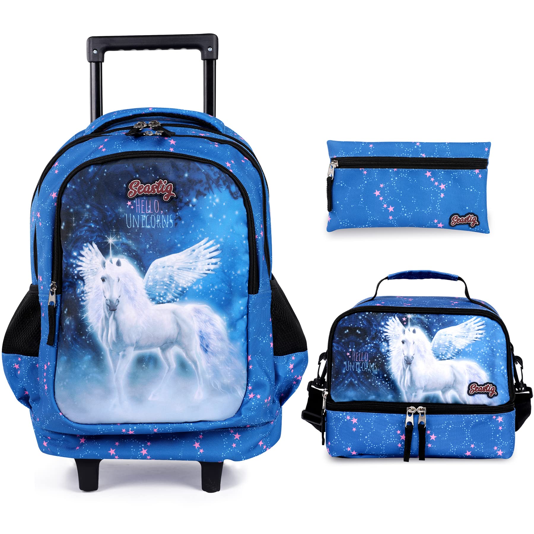 Seastig 18 Inch Rolling Backpack for Kids - Double Handle Wheeled Backpack with Lunch Bag Set | School Travel, Airplane Carry-On, Daily Commute for Boys & Girls