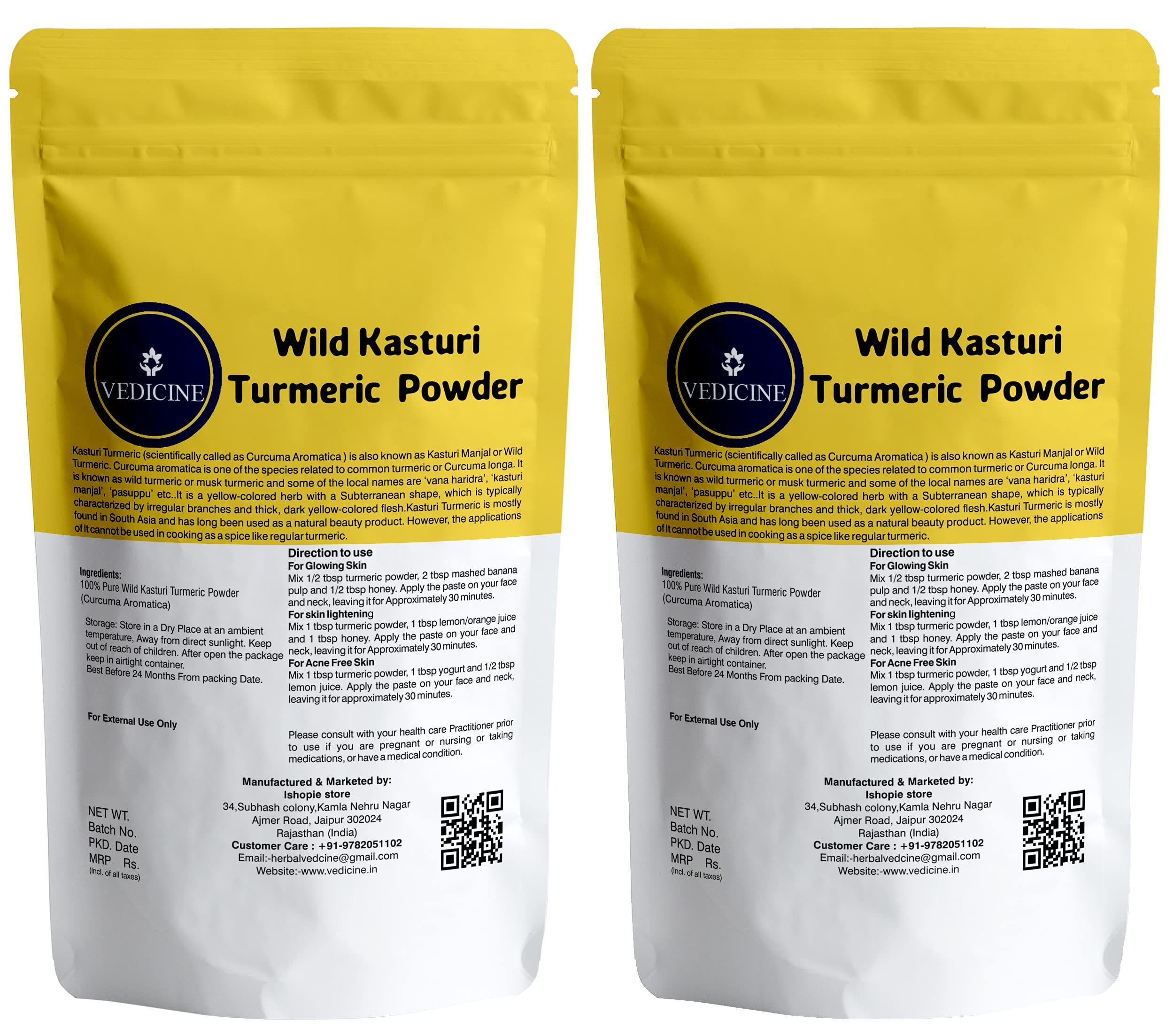 VEDICINE Wild Kasturi Amba Haldi Turmeric Powder for Face Pack - 100% Natural Skin Brightening & Glow | Perfect for DIY Face Masks & Ayurvedic Beauty Treatments