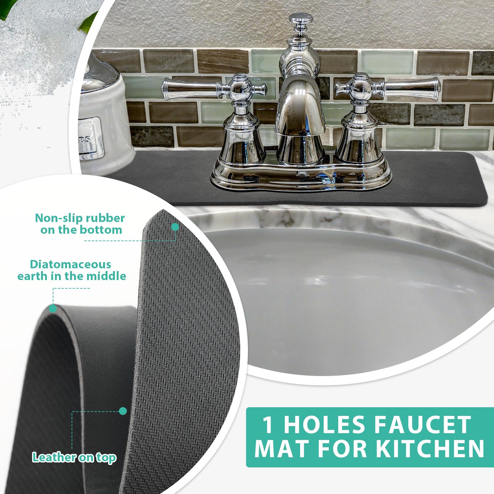 Tioncy 2-Pack Oval Hole Diatomite Faucet Mat - Non-Slip Sink Splash Guard for Kitchen & Bathroom, Absorbent Splatter Screen (Dark Gray, Black) - Perfect for Preventing Water Spills Around Sinks