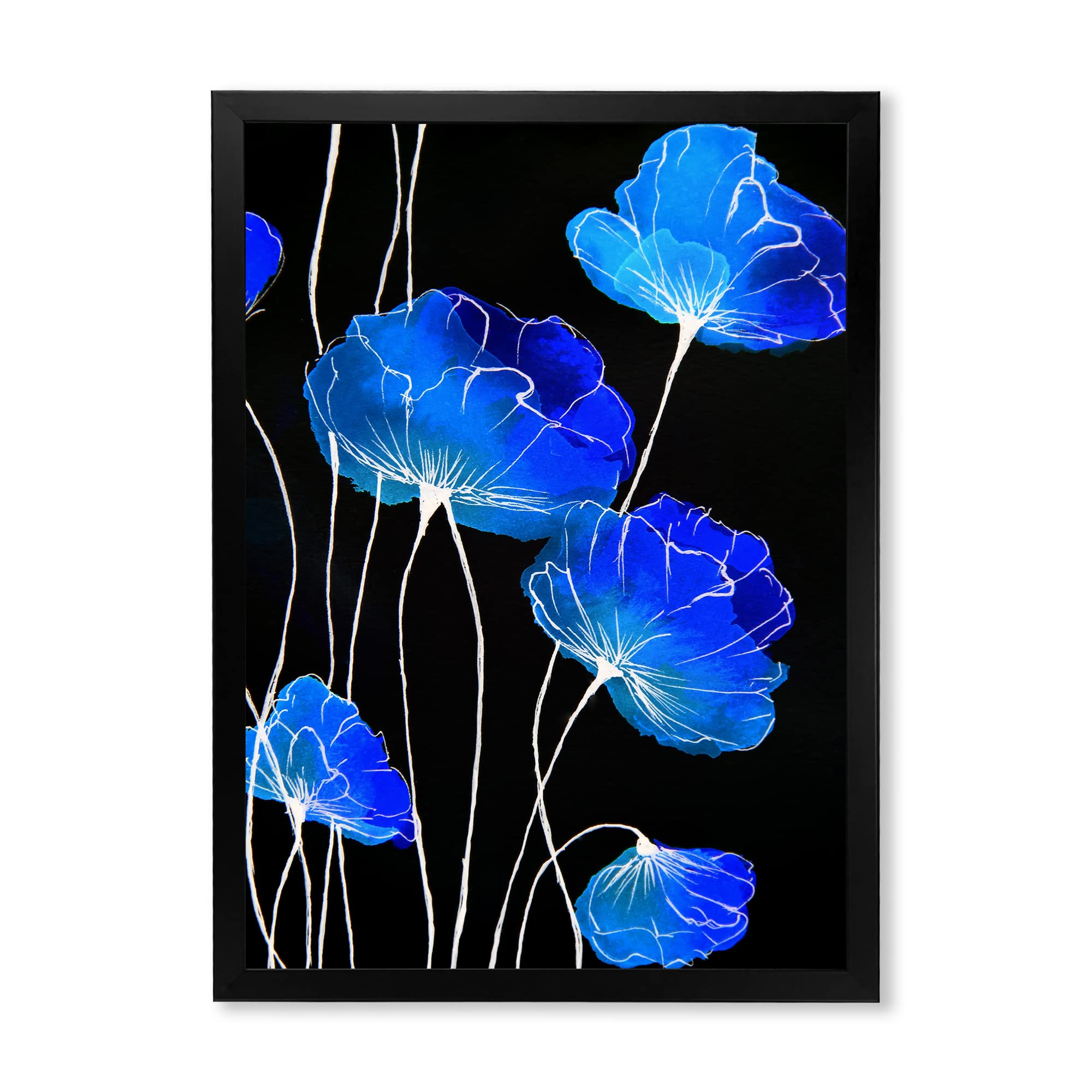 Blue Flowers on Black II - Traditional Framed Wall Art Painting - Home & Office Decor for Living Room, Bedroom, Dining Area