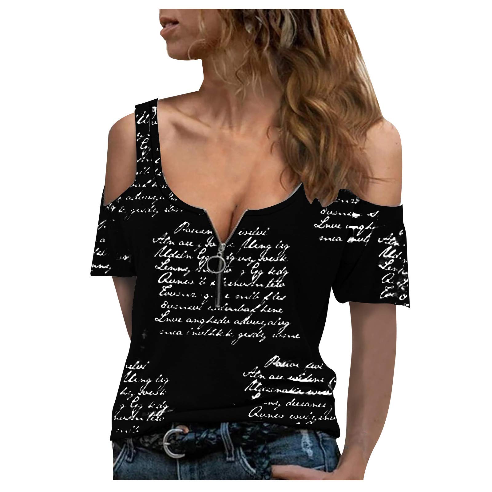 Soyienma Women's Casual Zipper Lapel Print T-Shirt - Short Sleeve Summer Blouse for Workout & Office Wear | Trendy Tees for Daily Outfits & Gym Sessions