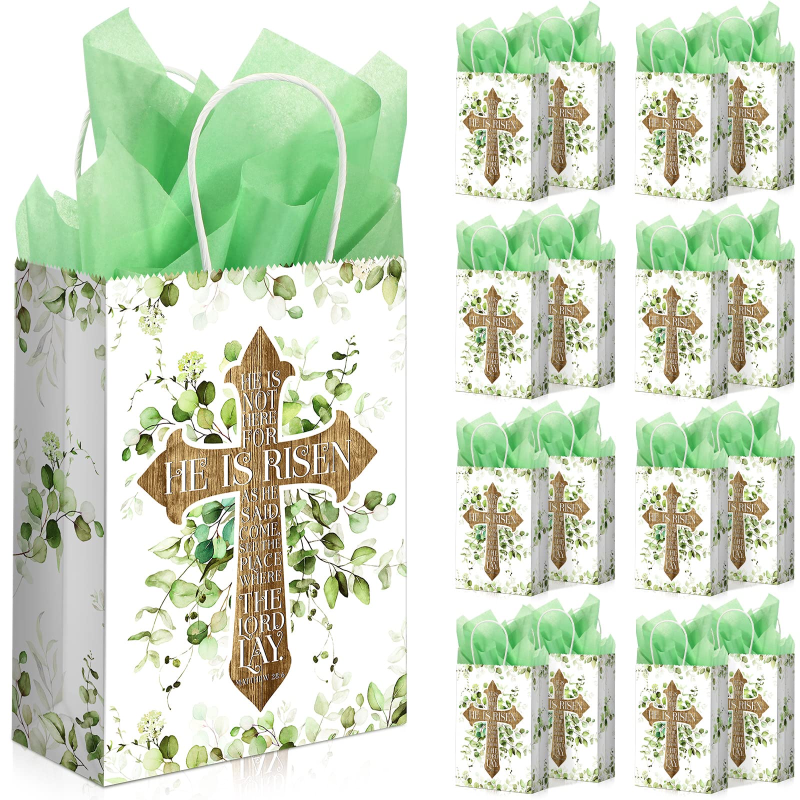 16 Pack Easter Gift Bags with Handles - He Is Risen Cross Design Paper Tote Bags for Easter Egg Hunts, Candy Treats & Party Favors - Perfect for Church Events, Sunday School & Easter Basket Stuffers