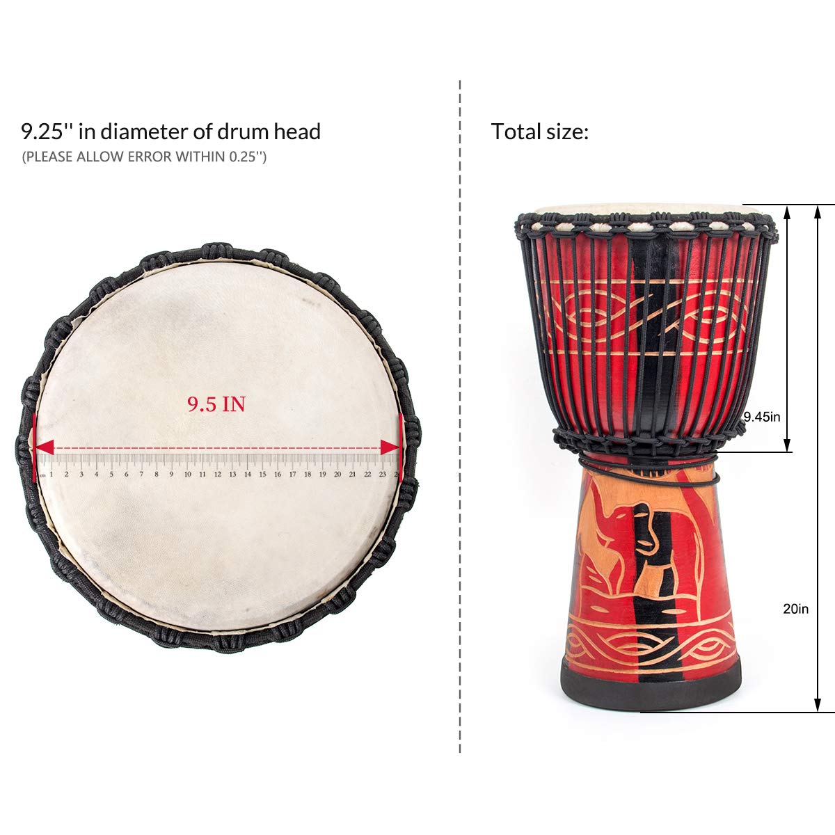 AKLOT 9.5'' x 20'' Hand-Carved African Djembe Drum - Mahogany Wood with Goatskin Drumhead for Adults & Beginners (Red) | Perfect for Music Therapy, Drum Circles, and Cultural Performances