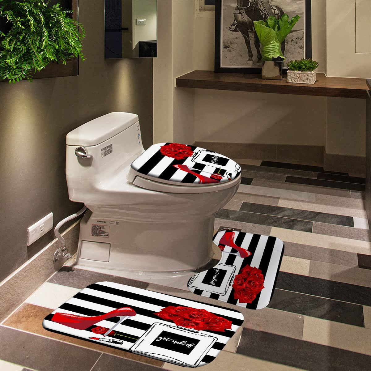 4PCS Fashion Shower Curtain Set - Red High Heels, Lipstick & Perfume Print, Black & White Striped Modern Bathroom Decor with Non-Slip Mat | Valentine's Day Gift, Romantic Women's Bathroom Accessories for Home Decor