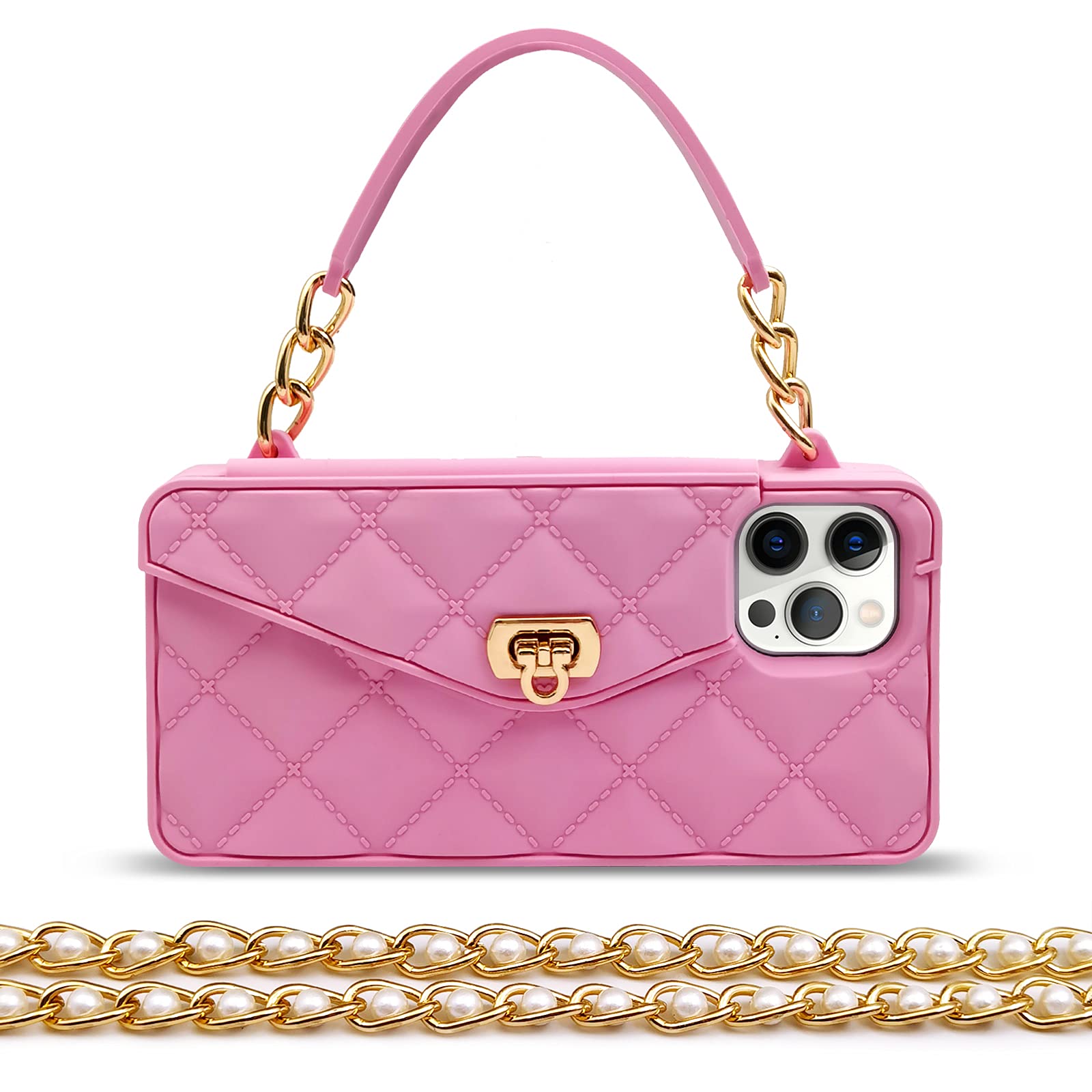 Luxury iPhone 13 Pro Max Wallet Case with Card Holder & Pearl Chain Strap - Soft Silicone Phone Cover with Wristlet & Crossbody Lanyard for Women (Pink) - Perfect for Everyday Use, Shopping & Travel Accessories