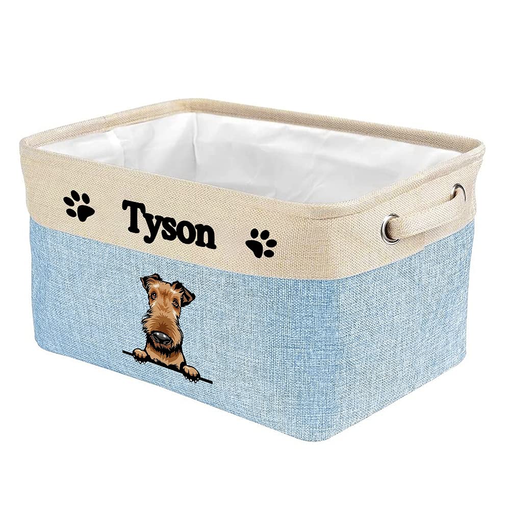 Foldable Storage Basket with Handles - Collapsible Fabric Organizer Bin for Pet Toys, Home Closet & Shelf - Cute Airedale Dog Design in Blue & White - Perfect for Bedroom, Nursery & Laundry Room Organization