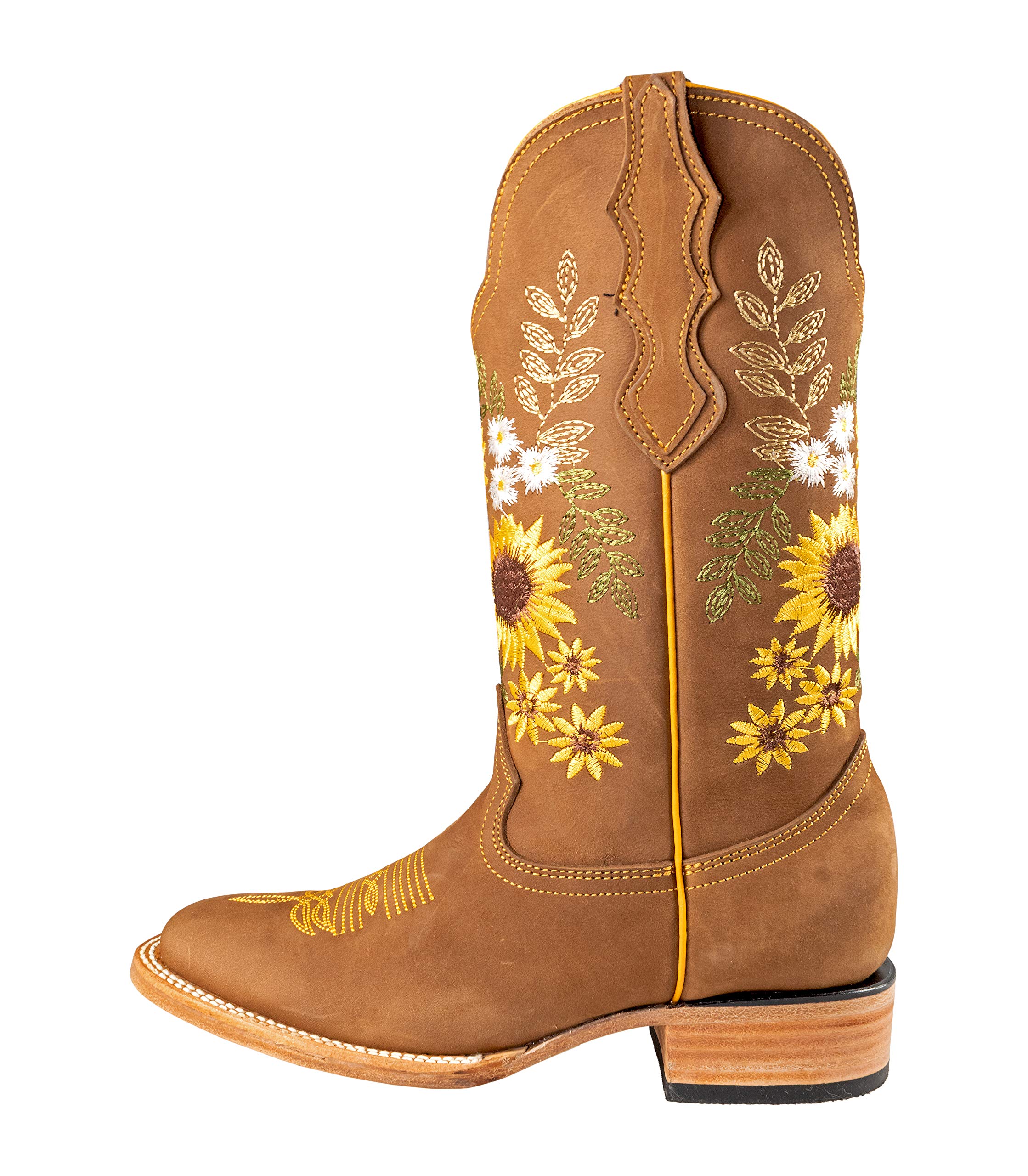 Women's Western Cowgirl Boots - Genuine Nubuck Leather, Honey Sunflower Stitching - Comfortable & Stylish for Country Dancing, Rodeo & Fashion Outfits