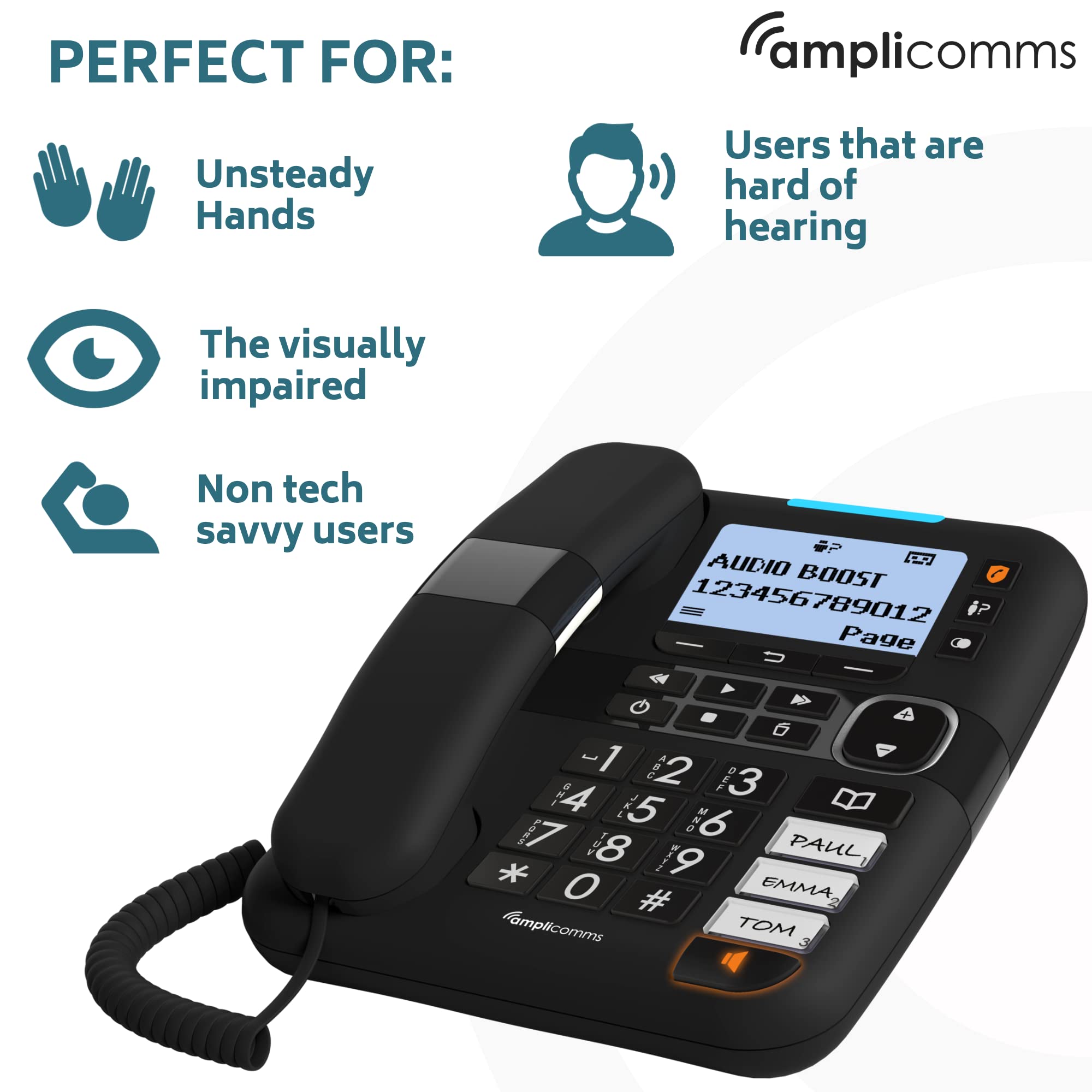 Amplicomms BigTel 1580 Corded Big Button Phone for Seniors - Hearing Aid Compatible Loud Speakerphone with Answering Machine & Extra Handset - Easy-to-Use Telephone for Elderly & Hard of Hearing - Perfect for Home, Office, or Care Facilities