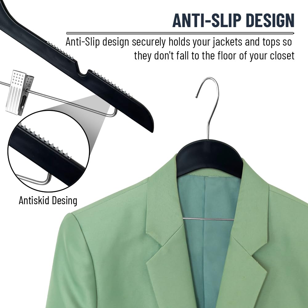 All Hung Up Slim Hangers with Clips - Space Saving Thin Clothes Hangers for Blouses, Shirts & Pants (Black, 100 Pack) - Perfect for Closet Organization & Small Spaces