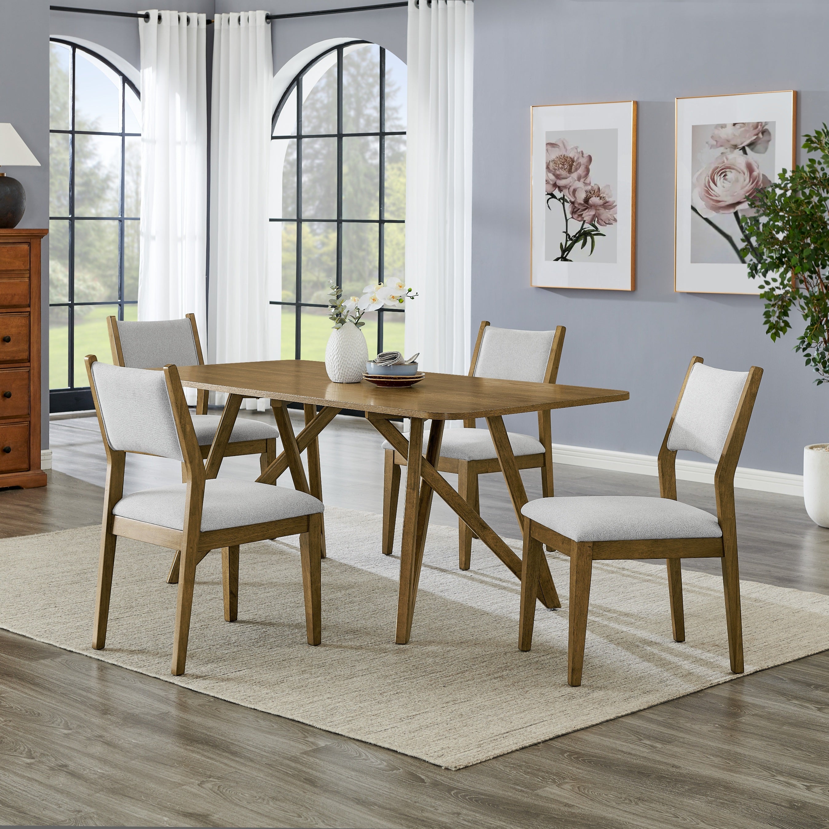 Roundhill Furniture Avery 5-Piece Dining Set - Light Oak Tripod Cross Base Table with 4 Modern Chairs | Perfect for Small Spaces, Breakfast Nooks & Apartment Dining Areas