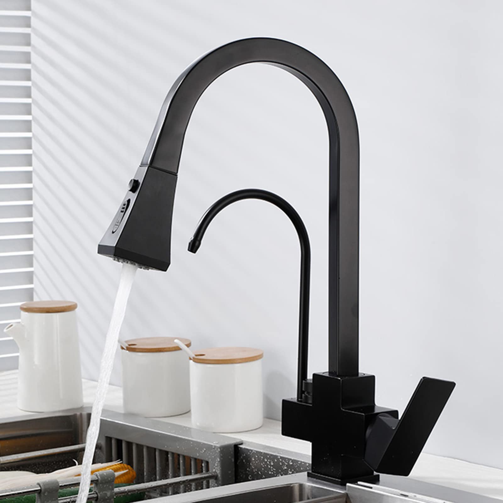3-Way Pull Out Kitchen Faucet with Drinking Water Function - Hot & Cold Water Rotation - Brass Telescopic Sink Faucet in Black - Perfect for Modern Kitchens, Restaurants & RV Use