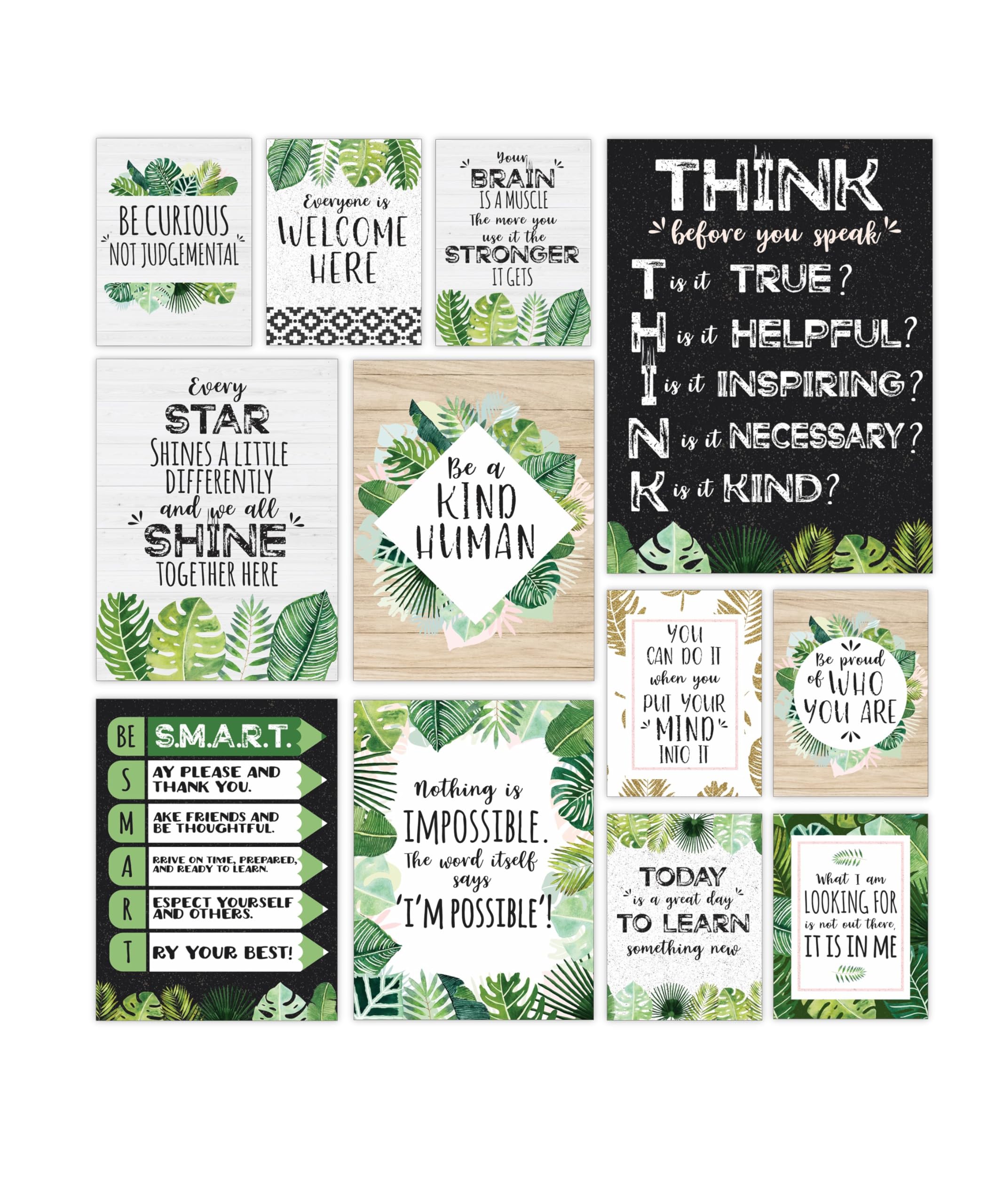 Wallbuddy Set of 12 Motivational Quotes Wall Art - Farmhouse Style Inspirational Home Decor for Women | Unframed Positive Affirmation Botanical Prints with Green Leaf Design | Perfect for Bathroom, Bedroom & Office Wall Decor (12X16 Inches)